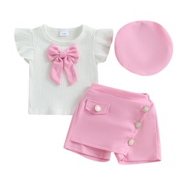 KMBANGI Toddler Baby Girl Skirt Set Ruffle Short Sleeve Bowknot Knitted T-Shirts Skirt Shorts Beret Baby 3Pcs Summer Clothes (Pink, 2-3T)