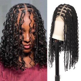 Olymei 18 Inch 13x8 Hd Lace Front Braided Wigs for Women Knotless Boho Braided Wigs Short Box Braid Wig with Baby Hair Premium Synthetic Curly Braided Lace Front Wigs Natural Black