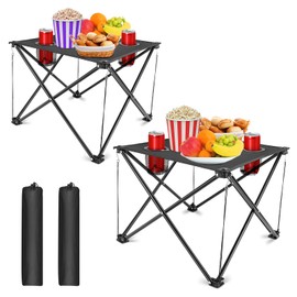 Portable Camping Side Table,Outdoor Folding Camping Tables w/2 Cup Holders&Carrying Bag,Fold Up Lightweight Beach Table,for Outdoor Cooking, Picnic,Camp,Boat,Travel,600D Canvas& Steel Frame(2 pcs)