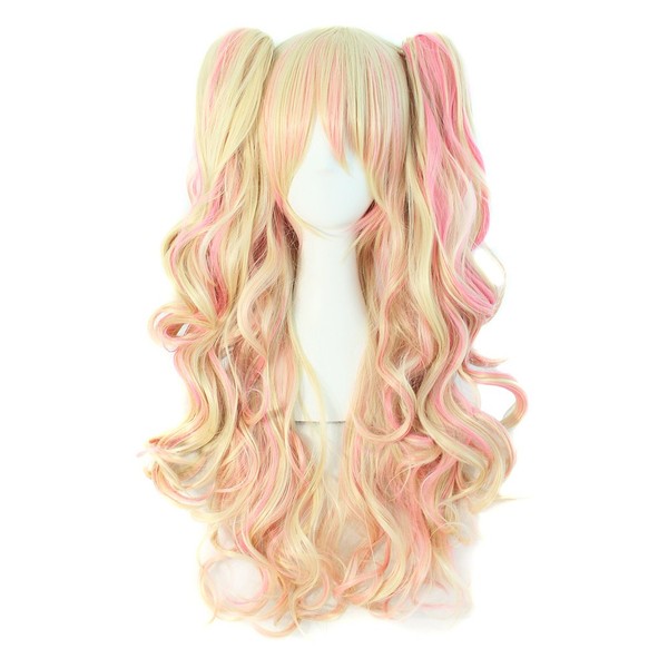 MapofBeauty Multi-color Lolita Long Curly Clip on Ponytails Cosplay Wig (Blonde/Pink)