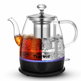 Topwit Electric Kettle Glass, For Hot Water, Tea and Coffee Dual Purpose Design, BPA-Free, 1L Pour Over Removable Stainless Steel Infuser, Auto-shut Off & Boil-dry Protect