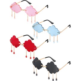 Weewooday 4 Pairs Cloud Sunglasses Raindrop Rimless Cute Sunglasses Funny Heart Flame Shaped Disco Glasses for Women Men (Black, Blue, Red, Pink, Bead Style)