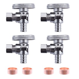 Litorange 4 Pack Premium Lead-Free Brass 1/2 Inch Pex x 1/4 Inch OD Compression Quarter Turn Angle Stop Valve with 4 PCS PEX Clamp Ring