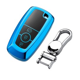 M.JVisun Soft TPU Case Key Fob Cover for Ford Bronco Ecosport Edge Escape Expedition Explorer F150 F250 F350 F450 F550 Fusion Maverick Mondeo Mustang Ranger Car Key - Glossy Blue - Metal Keychain