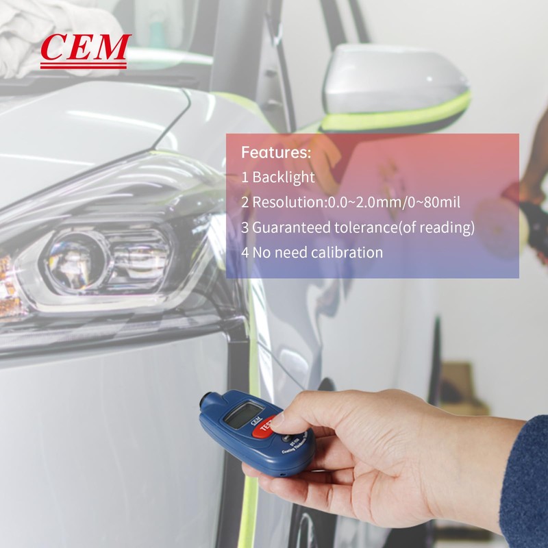 CEM Paint Thickness Gauge,Car Boat Coating Tester with Calibration Plates&Battery,Fe/NFe