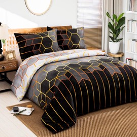 Geometric Diamond Duvet Cover Golden Stripes Soft Microfiber Bedding Set, Reversible Lightweight Quilt Cover 3pcs with Zipper Closure (Grey, Double)