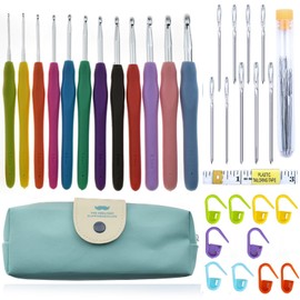 Crochet Hook Set 12 Pieces Colourful Ergonomic Soft Rubber Comfort Grip Crochet Knitting Needles Kit Household Tool with Portable Bag, Crochet Hooks, Stitch Markers and Tape Measure