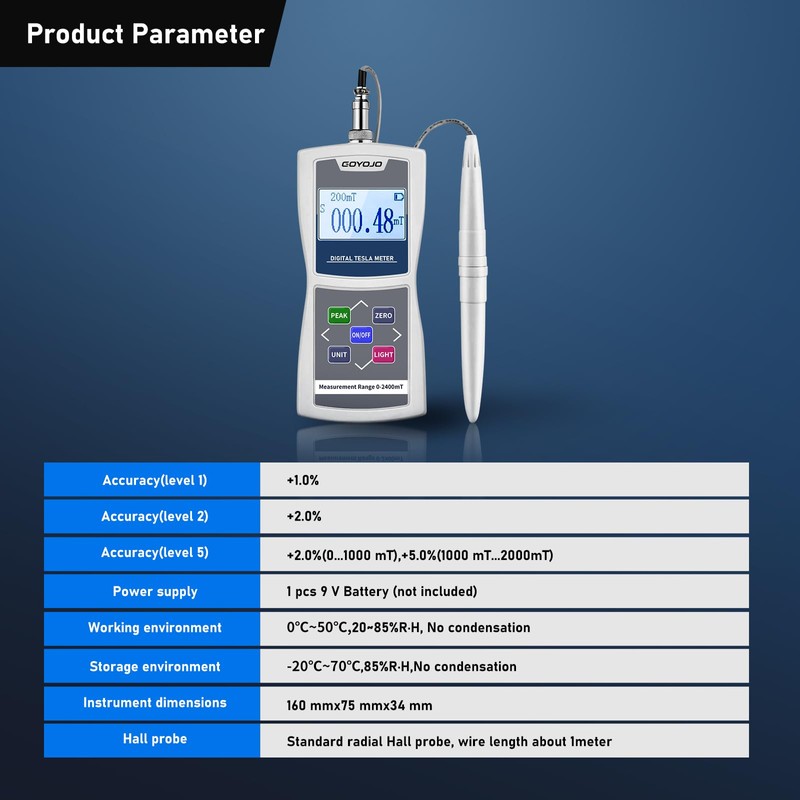 GOYOJO Digital Gauss Meter 0–2400mT, High Accuracy Magnetic Field Tester