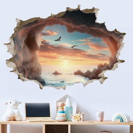 SUPERDANT 3D Cave by The Sea Wall Stickers 3D Broken Wall Decal Cave Seascape Peel and Stick Vinyl Art Decor Seaside Mural for Bedroom Living Room Nursery Bathroom Housewarming Gift
