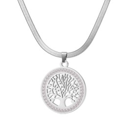 Dreamtimes Tree of Life Necklace for Women Stainless Steel Gold Colour Clear Zircon Round Pendant Neck Chains Family Tree Fashion Charm Luxury Jewellery Wedding Gift, Stainless Steel, No Gemstone
