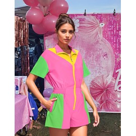 UOUA 80s Outfit Women 90s Jumpsuit Costume One-Piece Workout Track Suit Party Retro Clothing, Pink, Medium