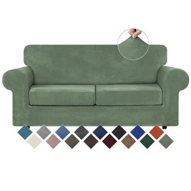 WEERRW Velvet Couch Covers for 2 Cushion Couch Sofa - High Stretch Velvet Plush 3 Pieces Sofa Slipcovers with Elastic Bottom, Furniture Protector for Pets, Machine Washable, Greyish Green, Medium
