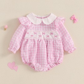 Infant Baby Girl Spring Outfit Bow Embroidery Romper Ruffle Long Sleeve Playsuit Spring Fall Clothes Infant 0-24M (Pink, 3-6 Months)