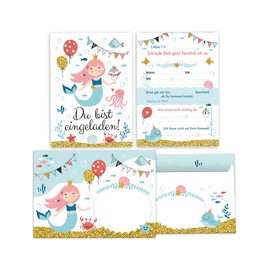 Minkocards 8 Invitation Cards Including 8 Envelopes for Children's Birthday Girls Mermaid Colourful Invitations for Birthday Children Invitation Set