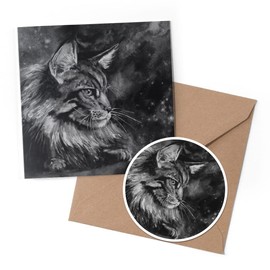 1 x Greeting Card & 10 cm Round Sticker Set - BW - Maine Coon Cat Painting Art - Birthday Thank You Friend Lover Fan Mum Dad Kids #36601
