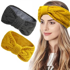 Styla Hair Ear Muffs Knit Headbands - Warm Soft Thick Fleece Lined Winter Ear Warmers for Women, 2pk (Yellow Grey)