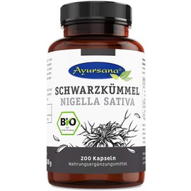 Ayursana Vegane Bio Schwarzkümmel Kapseln Nigella sativa, 200 Stück naturbelassene Kapseln aus Ägypten, 1800mg Schwarzkümmelpulver pro Tagesdosis