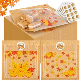 Outus 200 Pcs Fall Heat Sealable Bakery Bags with Window Autumn Maple Leaves Pumpkin Cookie Kraft Bakery Pastry Bags with Paper Stickers for Thanksgiving Party Favor Supplies