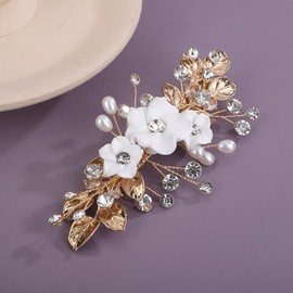 Teyglen White Flower Wedding Hair Clips Crystal Pearl Bridal Hair Barrette for Bride Gold Leaf Headpiece Rhinestone Hair Piece for Women (Gold)