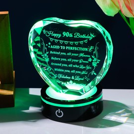 YWHL 90th Birthday Gifts for Women Men Born in 1933, Crystal Heart with Colorful Light Base Happy 90th Birthday Decorations, Gifts for 90 Year Old Women Men Mom Dad Grandma Wife Friends