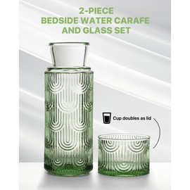 DmmyAlzx Bedside Water Carafe and Glass Set, Mouthwash Dispenser for Bathroom, 21.6 Oz Glass Water Bottles with 6 Oz Drinking Glass Cup as Lid, Water Pitcher for Nightstand, Kitchen (Green)