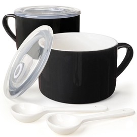Wareland Soup Bowls with Handles & Spoons, 30oz Ceramic Ramen Bowl with Lid, Large Soup Mugs/Cups for Instant Noodle, Big Cereal Bowls for Oatmeal, Soup Containers with Lids, Set of 2, Black