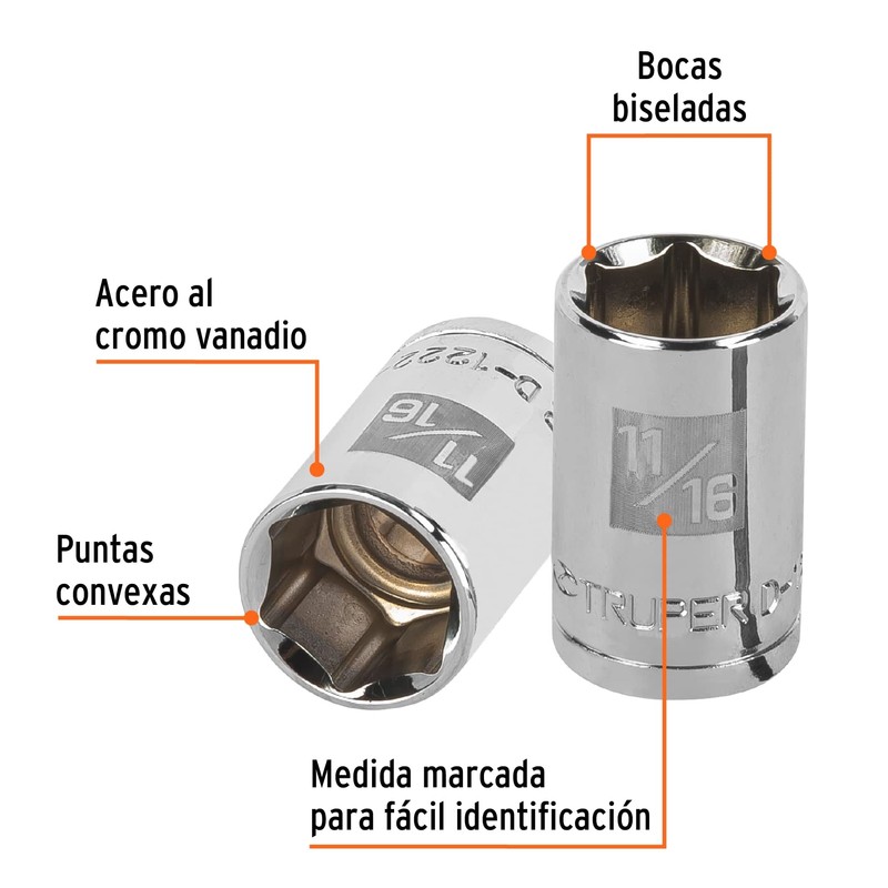 Truper D-1222-H, Dado de 6 puntas, cuadro 1/2" de 11/16"