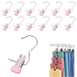 12PCS Clothes Pins, Hanging Clips, Hanger Clips, Hanger Hooks, Stainless Steel Portable Travel Hanging Hooks for Jeans, Hats, Boots, Towels (Pink)