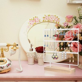 iDopick Earring Holder Jewelry Display Stands, 3-Tier 72 Holes Earring Organizer Stand Jewelry Holder Organizer Wooden Base Women's Jewelry Tower Home and Office Decor For Hanging Earrings (Gold)