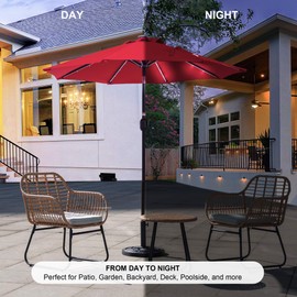 Sundale Outdoor 7 ft Solar Powered 24 LED Lighted Patio Umbrella Table Market Umbrella with Crank & Push Button Tilt for Garden, Deck, Backyard, Pool, 8 Steel Ribs, Polyester Canopy (Red)