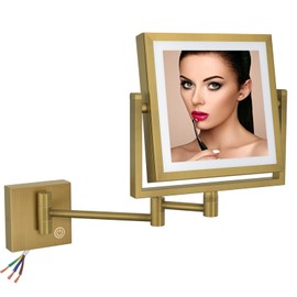 RECKODOR Square Wall Mounted Makeup Mirror with Lights and Magnification, 8 Inch 2-Sided Magnifying Make up Mirror with Lighting LED Bathroom Vanity Mirror Touch Dimming Swing Arm Brass Hard-Wired