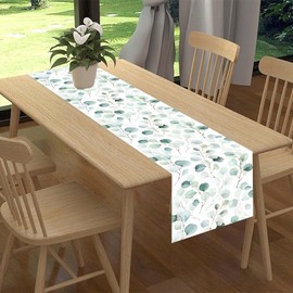 Green Eucalyptus Table Runner, Farmhouse Spring Summer Seasonal Plants Leaves Rustic Country Greenery Cafe Coffee Table Center Decor for Home Kitchen Dining Patio Indoor Outdoor, 13"x36" Inch