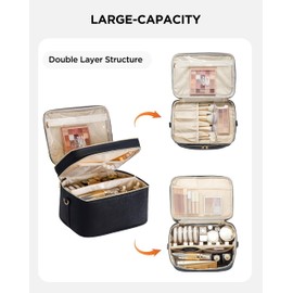 HBlife Extra Large Double Layer Travel Makeup Bag Portable Leather Cosmetic Bag Make Up Bag Makeup Case Organizer Toiletry Bag for Women Girls with Handle, Removable Divider and Shoulder Strap (Black)