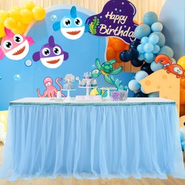 Blue Tulle Table Skirt Tutu Table Skirt for Gender Reveal Baby Boy 1st Birthday Elephant Baby Shower Bridal Shower Under the Sea Decorations 6ft