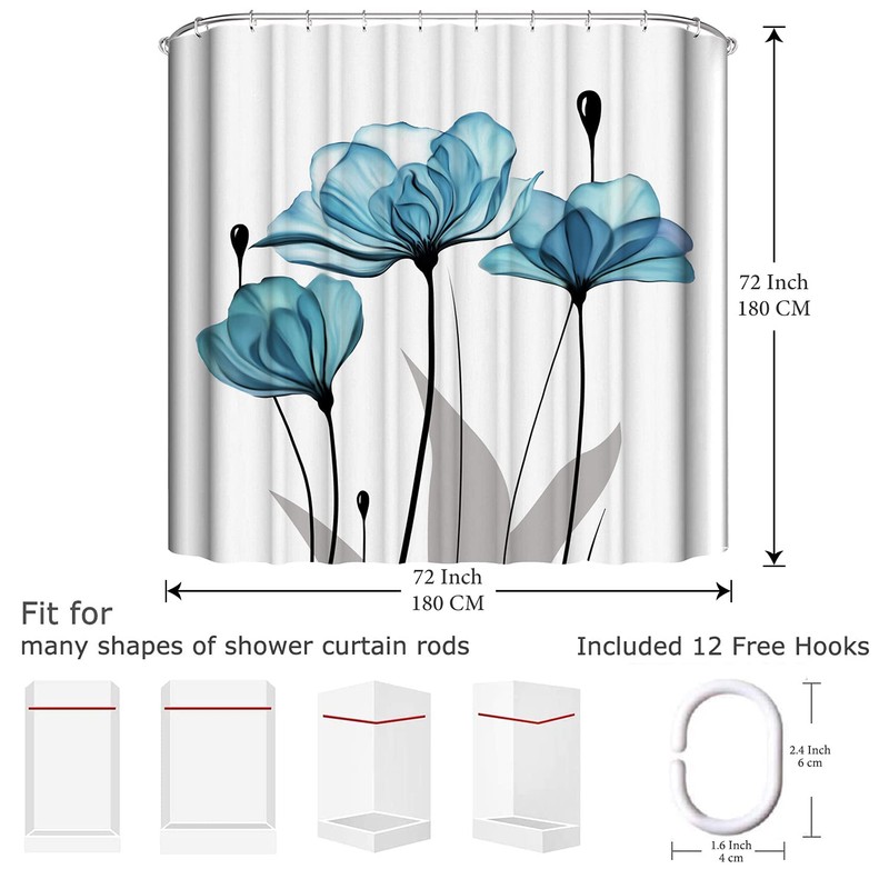 LIVETTY Blue Floral Fabric Shower Curtains Water Mould Proof 180x180cm