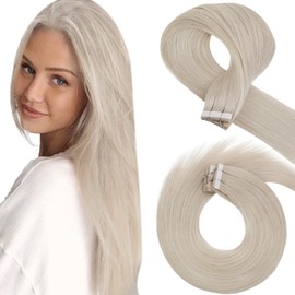 Sunny Blonde Tape in Hair Extensions Human Hair Tape in Extensions Real Human Hair Platinum Blonde #60 Invisible Tape Hair Extensions White Blonde Seamless Tape in Extensions Blonde 14inch 50g 20pcs