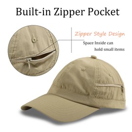 Mens Quick Dry Baseball Cap Lightweight Sun Hats Waterproof Running Golf Hat UV Protection Zipped Pocket Cap Tennis Hat Green Khaki