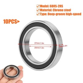 10pcs Ball Bearings, 6805-2RS Chrome Steel Rubber Sealed Deep Groove Ball Bearings Single Row Inner / Outer Diameter 25 mm / 37 mm