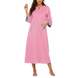 Ekouaer Robes for Women Zipper Robe 3/4 Sleeves Loungewear Full Length Sleepwear Pockets Housecoat Nightgown Long Bathrobe