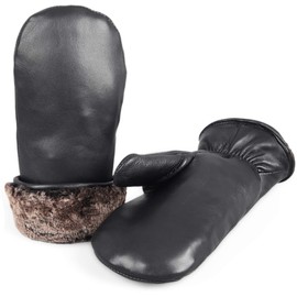 Zavelio Unisex Premium Shearling Sheepskin Fur Lined Leather Mittens, Black, Small