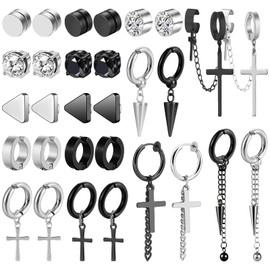 NEWITIN 15 Pairs Magnetic Stud Earrings for Men Stainless Steel Magnetic Earrings Men Clip on Earrings Non Piercing Cross Earrings Unisex CZ Hoop Dangle Magnetic Earrings for Men Women, Metal, Cubic