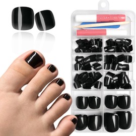 Bellelfin Short Press on Toenails, 240Pcs Black Fake Toes Nails Kit Full Cover Glossy False Toenail Press ons Solid Color Acrylic Glue on Toenails for Women Girls
