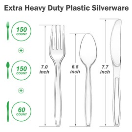 Dealusy 360 Count Extra Heavy Duty Clear Plastic Silverware, 150 Forks, 150 Spoons, 60 Knives, BPA-Free, Heat Resistant, Disposable Plastic Utensils Set, Plastic Cutlery Set, Plasticware Bulk