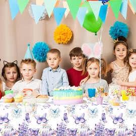 Letromp 2Pack Butterfly Birthday Tablecloth Watercolor Purple Butterfly Table Covers for Spring Butterfly Theme Girls Baby Shower 1st 2nd 3rd 4th Bday Party Table Supplies Decorations