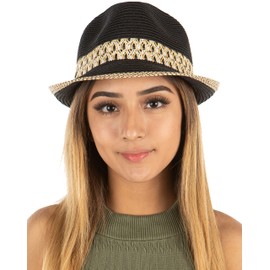 Funky Junque Women's Summer UPF50+ Straw Fedora Beach Hat, Adjustable, Multicolor Woven Short Brim, One Size, Black/Natural