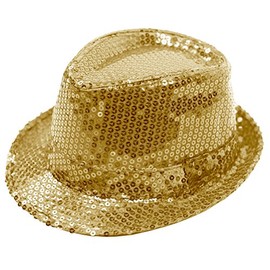 FEDORA TRILBY GANGSTER SEQUIN HAT GLITTERY JAZ UNISEX CAP HIPHOP FANCY DRESS (GOLD)