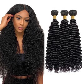 Deep Wave Human Hair Bundles Natural Black Loose Wave Bundle 18 18 18 Inch Deep Curly Bundles Human Hair Unprocessed Brazilian Remy Hair Extensions Natural Black 3Pcs/Set Deals