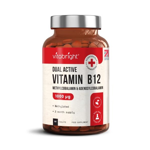 Vitamin B12 Tablets - 1000mcg High Strength - Dual Active Methylcobalamin and Adenosylcobalamin - 60 Tablets (2 Month Supply) - for Immune System, Brain and Energy - Vegan - Made in UK by VitaBright