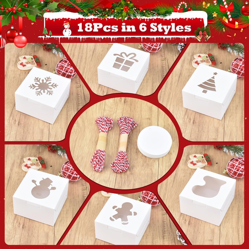 COTOPHER 18Pcs Christmas Cookie Boxes with Window, 6x6x3 inch White