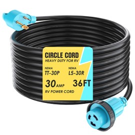 CircleCord 30 Amp 36 Feet RV Power Cord Twist Locking, Heavy Duty 10 Gauge 3 Wire STW Pure Copper Wire with Grip Handle, TT-30P to L5-30R with Cord Organizer for RV Trailer Campers